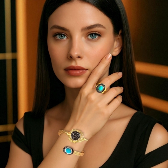 Turkish‎ Artisan 18K Gold Plated Cuff & Ring Set w/ Turquoise & Hematite ✨ - Picture 3 of 14